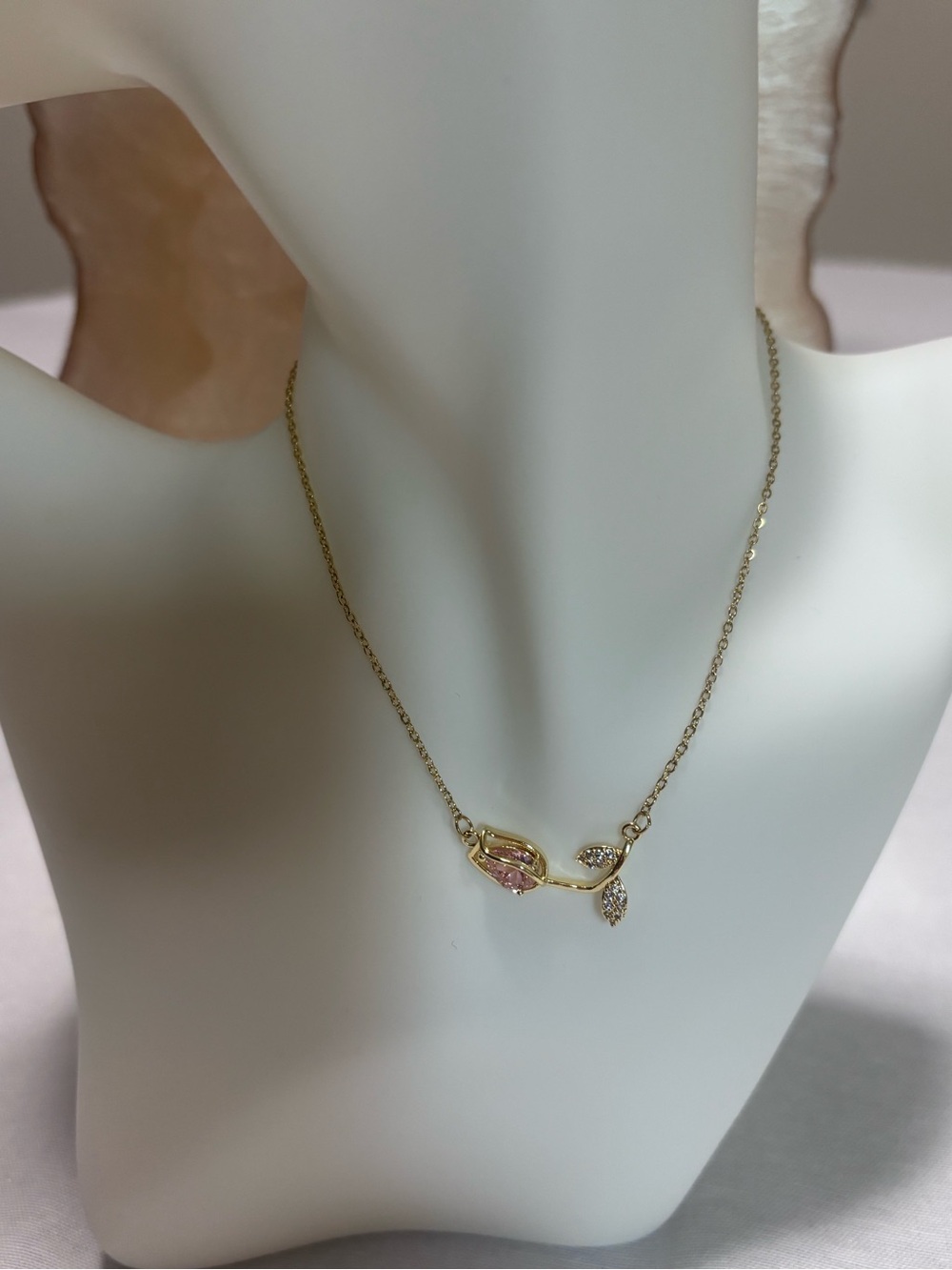 Gold Tulip Teardrop Pink Crystal Necklace